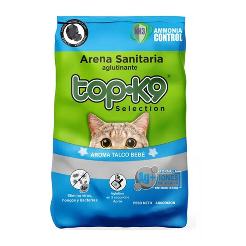 TopK9 - Arena Aglutinante Iones de Plata, Carbón activo, Ammonia control Aroma Talco Bebé
